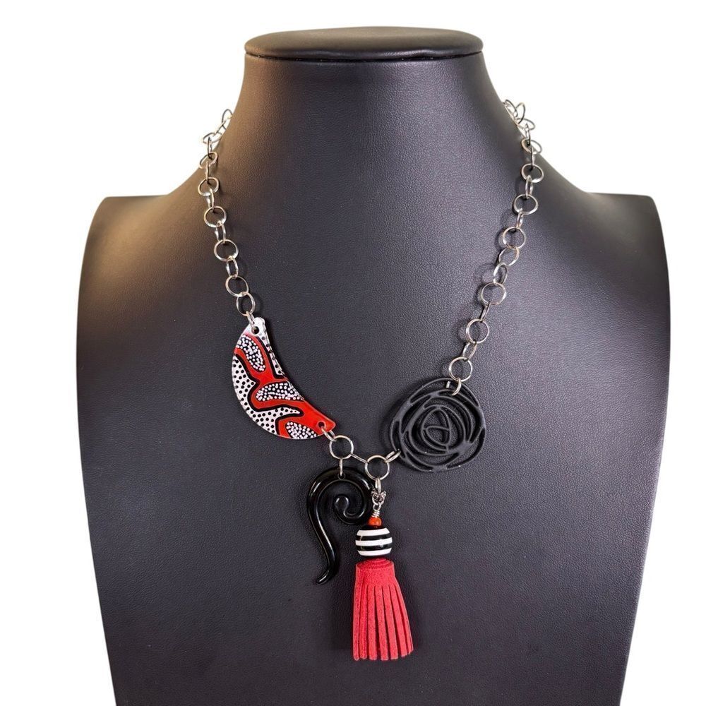 Artisan Made One Of A Kind Mixed Media Statement Necklace in Bold Colors